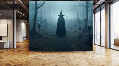 Witch standing with back turned in spooky dark forest with torches, Halloween, dead barren trees Wall mural