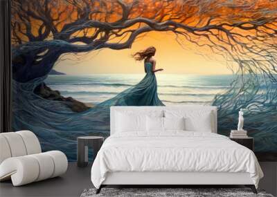 Woman with flowing blue dress merging with tree branches, early morning dawn, landscape, Celtic. Generative AI Wall mural