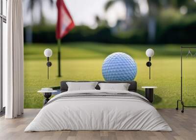 A golf ball is sitting on a green grass field next to a golf hole Wall mural