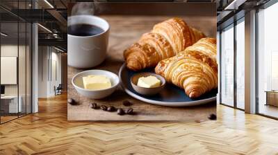 Coffee & Croissants: A steaming cup of coffee and two freshly baked croissants on a rustic wooden table, ready to be enjoyed.  This image evokes a sense of cozy mornings, relaxation, and indulgence.  Wall mural