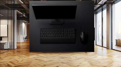 Dark Minimalism: A sleek black computer setup on a matte black desk, exuding an air of sophistication and productivity. Wall mural