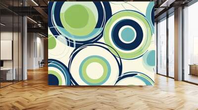 Whimsical Circles:  A captivating abstract pattern with a retro feel, featuring a vibrant mix of blue, green, and cream circles, creating a playful and dynamic visual.   Wall mural