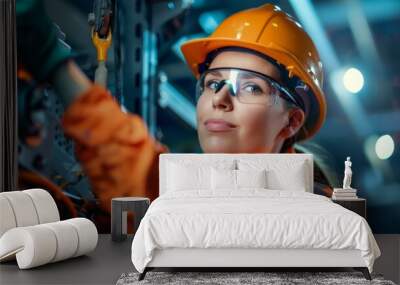 Female construction worker in a hard hat, operating machinery with a diverse team of male and female colleagues Wall mural