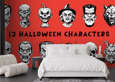 Set of Halloween characters isolated on colored background. Hand drawn vector illustration in comic style. Wall mural