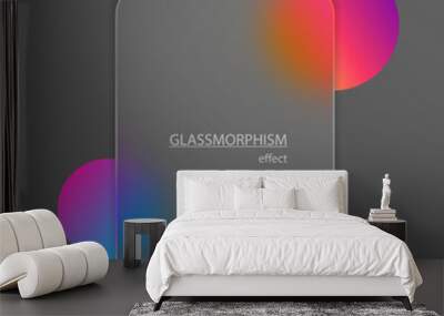 3d geometric shape with glassmorphism effect plate. Transparent matte glass screen mockup. Pink blue red purple sphere shapes. Trendy effect of frosted glass. Smartphine application UI. Wall mural