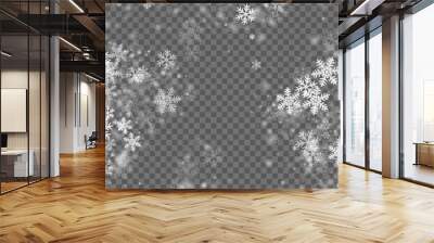 Chaotic falling snow flakes wallpaper. Wintertime speck frozen shapes. Snowfall sky white transparent backdrop. Little snowflakes new year theme. Snow cold season landscape. Wall mural