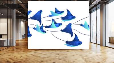 Devilfish marine animals, manta ray fishes, sea creatures set illustration. Blue eagle ray fishes, manta ray scuba. Eagle or devil fish group, underwater devilfish giant ocean animals. Wall mural