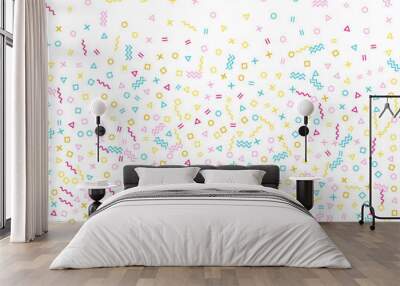 Memphis style geometric confetti background with triangle, circle, square, zigzag and wavy line Wall mural