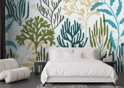 Ocean corals seamless pattern., Tropical coral reef bush silhouette elements. Wall mural