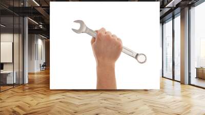 Mechanic male hand hold spanner tool in hand isolated on white. Wall mural