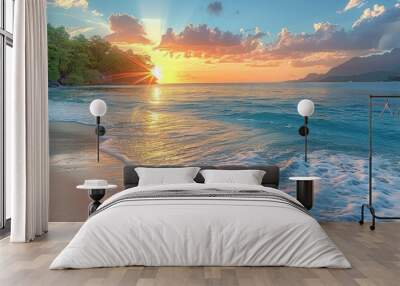 Sunset over Tropical Beach with Mountains Wall mural