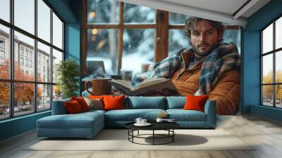 A man in casual winter attire sitting by a large window, reading a novel, with a plaid blanket over his legs and a mug of tea in hand.  Wall mural