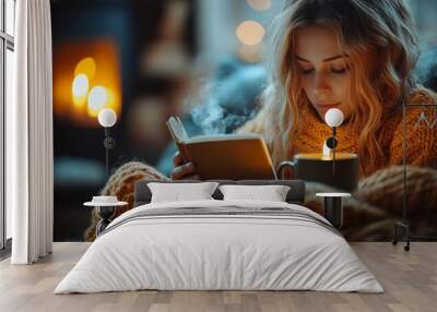 A serene scene of a person reading by candlelight, wrapped in a blanket,  Wall mural