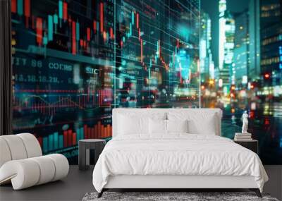 A visually intricate depiction of stock market data overlaying a bustling cityscape at night, symbolizing the dynamic world of finance Wall mural