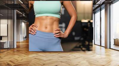 Close-up of fitness woman showing abdominal muscles.Athletic female bodybuilder showing Strong abs in the gym Wall mural