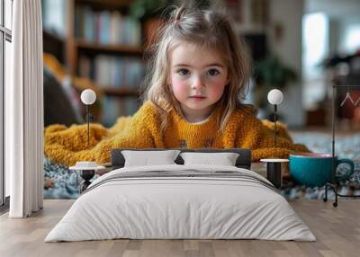 little girl sitting on a chair with a book Wall mural