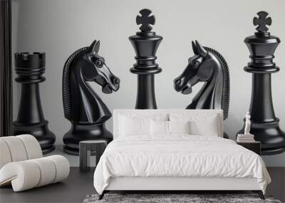 matte black all chess pieces adjacent, white background, clean, Wall mural