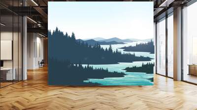 Mountain scenery morning lake scenery. Pine trees and mountains. Wall mural