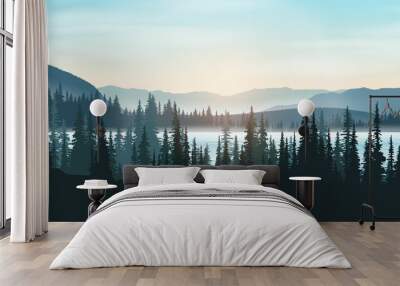 Pine forest landscape and mountains. There is a lake deep in the forest. Vector illustration background. Wall mural