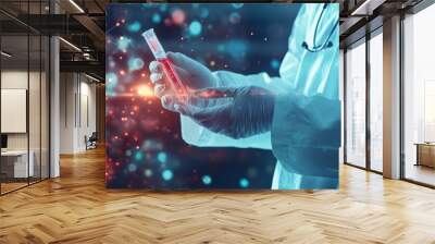 scientist holding medical testing tubes or vials of medical pharmaceutical research with blood cells and virus	
 Wall mural