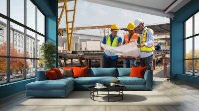 Senior Asian foreman and worker wearing protective helmets and vests explaining on building blueprint in construction site Wall mural