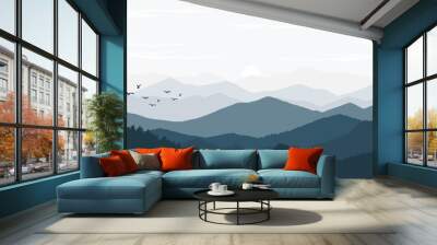 vector illustration of mountain landscape with fog and forest sunrise and sunset in the mountains Wall mural