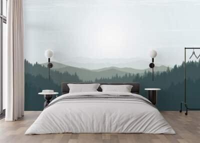 Vector landscape of mountains and lakes. Pine forest in the morning. Wall mural