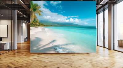 paradise tropical island beach, white sandy shores, palm trees swaying in the breeze, crystal-clear turquoise water. Early morning light with soft pastel sky, Generative AI Wall mural