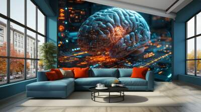 A brain is shown on a computer monitor with a glowing red spot Wall mural