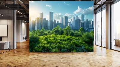 A city skyline with a large green field in the middle Wall mural