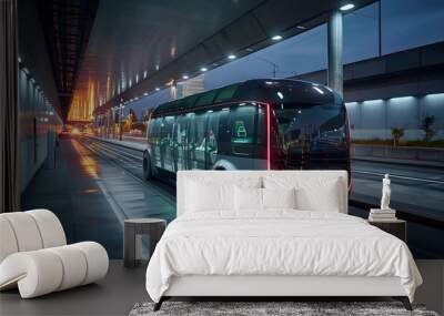 A futuristic bus is driving down a street at night Wall mural