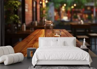 A wooden table with a candle and two mason jars on it Wall mural