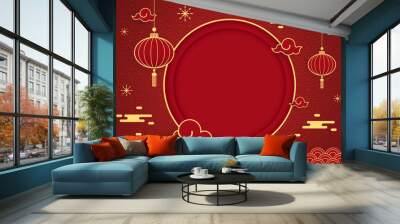 Happy Chinese new year 2023. Chinese new year banner with circle for show product. Greeting card. China frame with lantern on red background. Wall mural