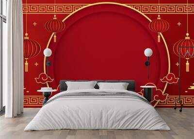 Happy Chinese new year 2024. Chinese new year banner with circle for show product. Greeting card. China frame with lantern on red background. Wall mural