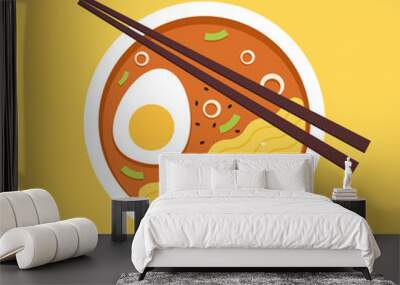 Japanese ramen noodle soup illustration vector. (Japanese food). Japanese ramen top view. Wall mural