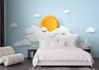 Cloudscape , blue sky with clouds and sun , paper art style Wall mural