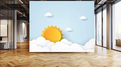 Cloudscape , blue sky with clouds and sun , paper art style Wall mural