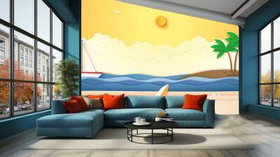 Landscape of boat sailing on wavy sea, coconut tree on island and summer stuff on beach with bright sun in sunshine sky for Summer in paper art style Wall mural