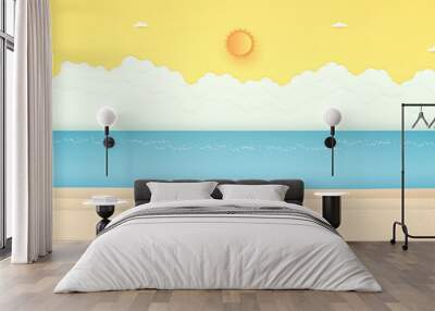 Summer Time, seascape, landscape, blue sea with beach, bright sun and orange sunny sky, paper art style Wall mural