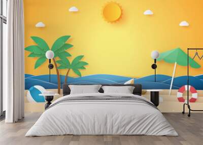 Summer time , sea and beach with coconut tree and stuff , paper art style Wall mural