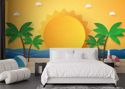 Summer time , sea with beach and coconut tree , paper art style Wall mural