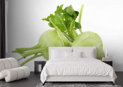 fresh kohlrabi with green leaves on isolated white backround. full depth of field Wall mural