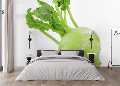 Fresh kohlrabi with green leaves on isolated white backround. full depth of field Wall mural