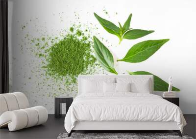 Green Kariyat herbal powder and leaf on white background top view Wall mural