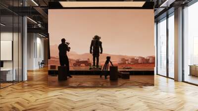 Behind the scenes shot of virtual production stage with huge LED screens, cinematorgapher shooting Mars scene. Future of movie production Wall mural