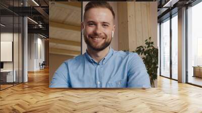 POV WEBCAM VIEW Caucasian male having a video work call with colleagues. Remote work, kitchen background. Quarantine working, stay home, coronavirus pandemic Wall mural