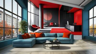 A design agency workspace featuring minimalist furniture with black and red details, realistic style, focus on clean lines, corporate theme, vibrant, blend mode, office backdrop Wall mural