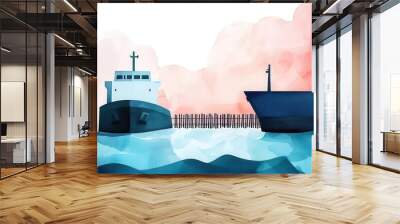 Economic blockade, ships halted by barriers at sea, Watercolor style Wall mural