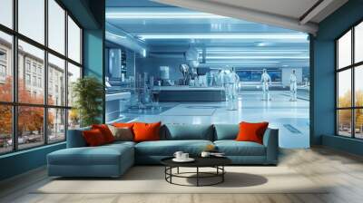 Futuristic lab with robotic assistants, scifi, blue and white, digital illustration Wall mural