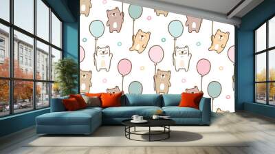 Seamless Pattern of Cartoon Bear and Balloon Design on White Background Wall mural